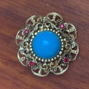 Vintage Gold Tone Faux Turquoise & Ruby Layered Floral Brooch